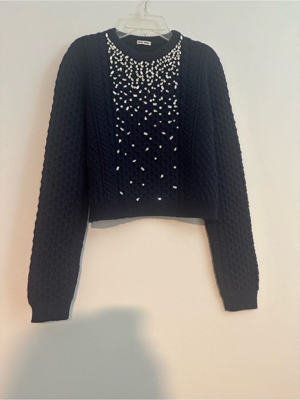 miu miu navy jeweled cropped sweater